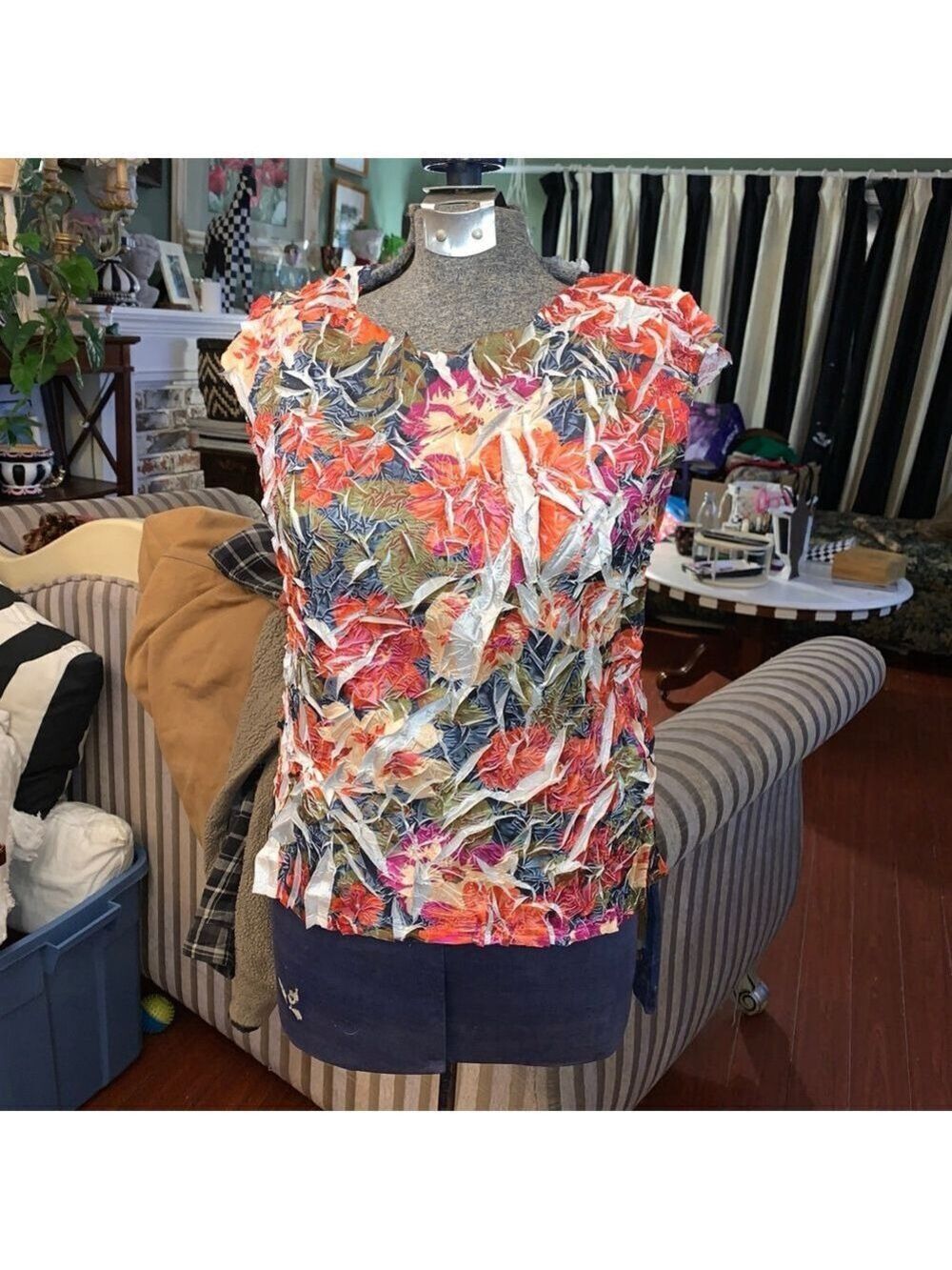 Women's Unbranded Floral Crinkle Sleeveless Top M Orange Green